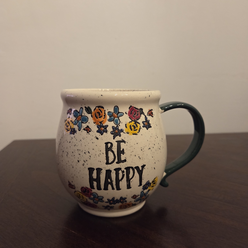 Tag Floral "Be Happy" Mug with Dark Green Handle